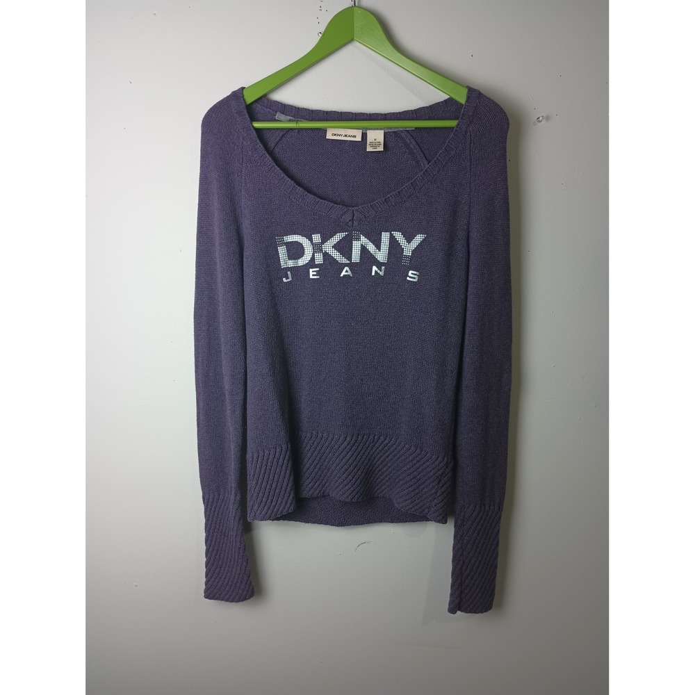 DKNY Jeans Vintage Y2K Purple Cotton Knit Logo Sweater Scoop Neck Womens Medium